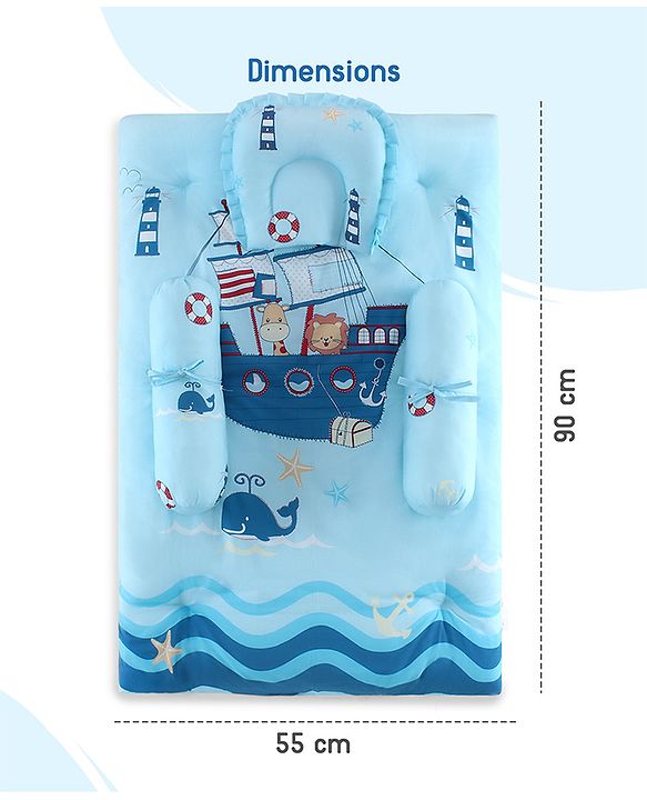 Babyhug 100% Cotton Gadda Bedding Set Cute Car Print - Sea Green| Soft & Breathable Cotton Shell| Mattress with Pillow & 2 Bolsters| Gentle Cushioned Support| Gifting Option for 0to12 Months