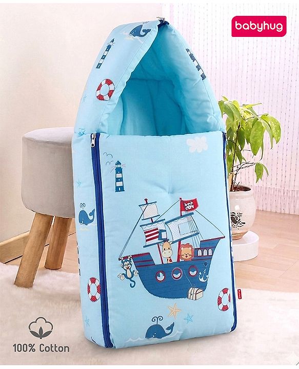 Babyhug 100% Cotton Baby Sleeping Bag with Hood Little Sailor Print - Blue| Use as Carry Nest, Mattress or Sleeping Bag| Newborn to Toddler Boys & Girls| New Born Gifting| Warm and Cozy