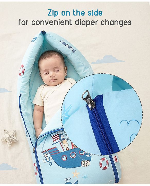 Babyhug 100% Cotton Baby Sleeping Bag with Hood Little Sailor Print - Blue| Use as Carry Nest, Mattress or Sleeping Bag| Newborn to Toddler Boys & Girls| New Born Gifting| Warm and Cozy