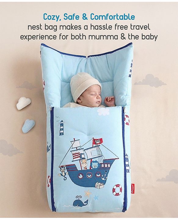 Babyhug 100% Cotton Baby Sleeping Bag with Hood Little Sailor Print - Blue| Use as Carry Nest, Mattress or Sleeping Bag| Newborn to Toddler Boys & Girls| New Born Gifting| Warm and Cozy