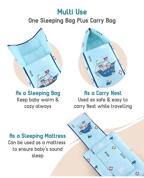 Babyhug 100% Cotton Baby Sleeping Bag with Hood Little Sailor Print - Blue| Use as Carry Nest, Mattress or Sleeping Bag| Newborn to Toddler Boys & Girls| New Born Gifting| Warm and Cozy