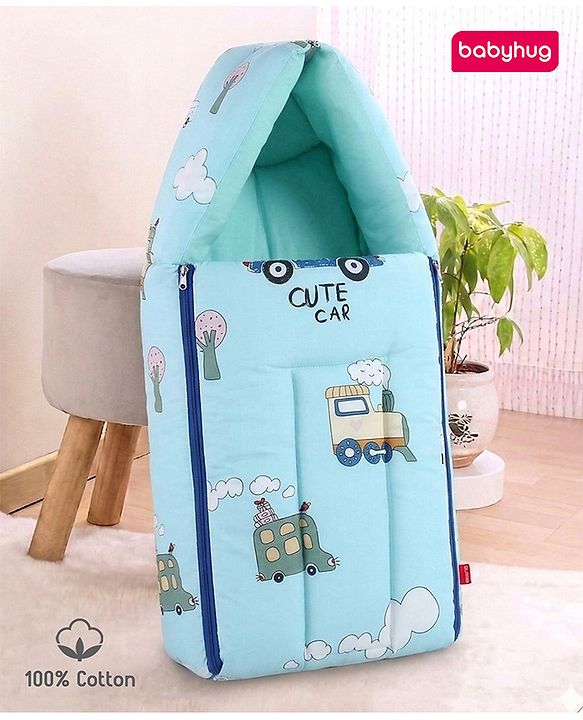 Babyhug 100% Cotton Baby Sleeping Bag with Hood Little Sailor Print - Blue| Use as Carry Nest, Mattress or Sleeping Bag| Newborn to Toddler Boys & Girls| New Born Gifting| Warm and Cozy