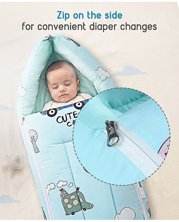 Babyhug 100% Cotton Baby Sleeping Bag with Hood Little Sailor Print - Blue| Use as Carry Nest, Mattress or Sleeping Bag| Newborn to Toddler Boys & Girls| New Born Gifting| Warm and Cozy