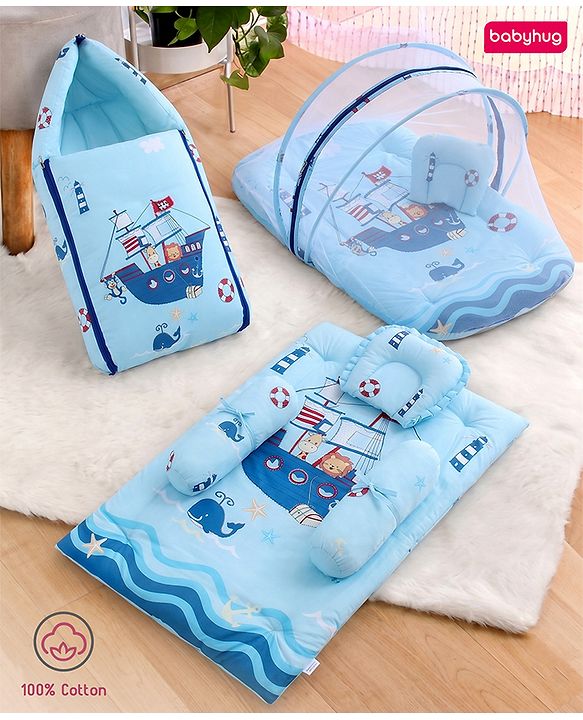 Babyhug Super Saver Bedding Combo Set of 3 Sailor Friends Print - Blue| 100% Cotton| Pillows & Bolsters Included| Lightweight & Travel Friendly| Breathable Fabric| Gifting  Option for 0to6 Months
