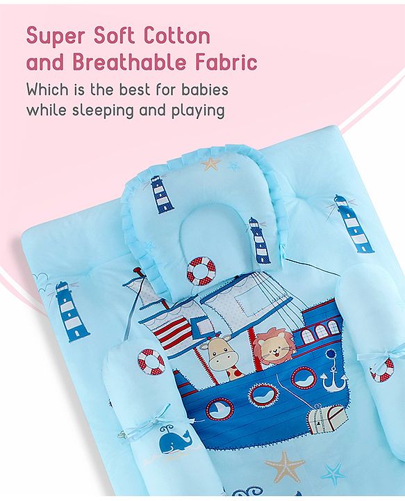 Babyhug Super Saver Bedding Combo Set of 3 Sailor Friends Print - Blue| 100% Cotton| Pillows & Bolsters Included| Lightweight & Travel Friendly| Breathable Fabric| Gifting  Option for 0to6 Months