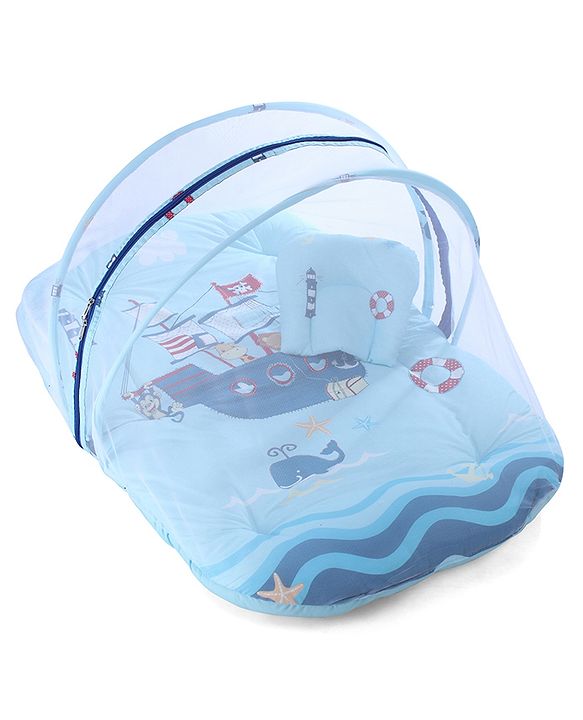 Babyhug 100% Cotton Digital Print Mattress Set with Mosquito Net Sailor Friends -Blue|U Shaped Pillow|Zipper Opening|Foldable & Travel Friendly|Newborn Gifting Option|Use on Floor Cribs Cots or Cradle