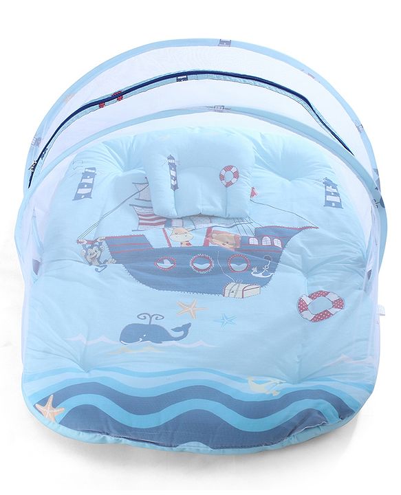 Babyhug 100% Cotton Digital Print Mattress Set with Mosquito Net Sailor Friends -Blue|U Shaped Pillow|Zipper Opening|Foldable & Travel Friendly|Newborn Gifting Option|Use on Floor Cribs Cots or Cradle
