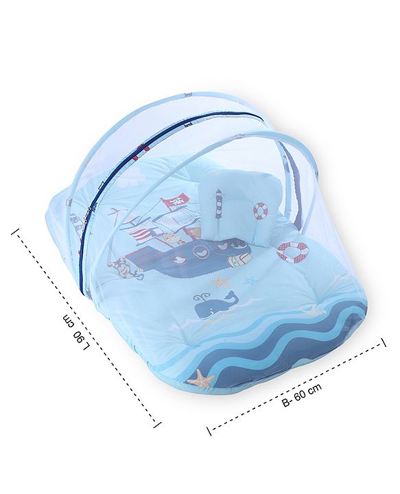 Babyhug 100% Cotton Digital Print Mattress Set with Mosquito Net Sailor Friends -Blue|U Shaped Pillow|Zipper Opening|Foldable & Travel Friendly|Newborn Gifting Option|Use on Floor Cribs Cots or Cradle