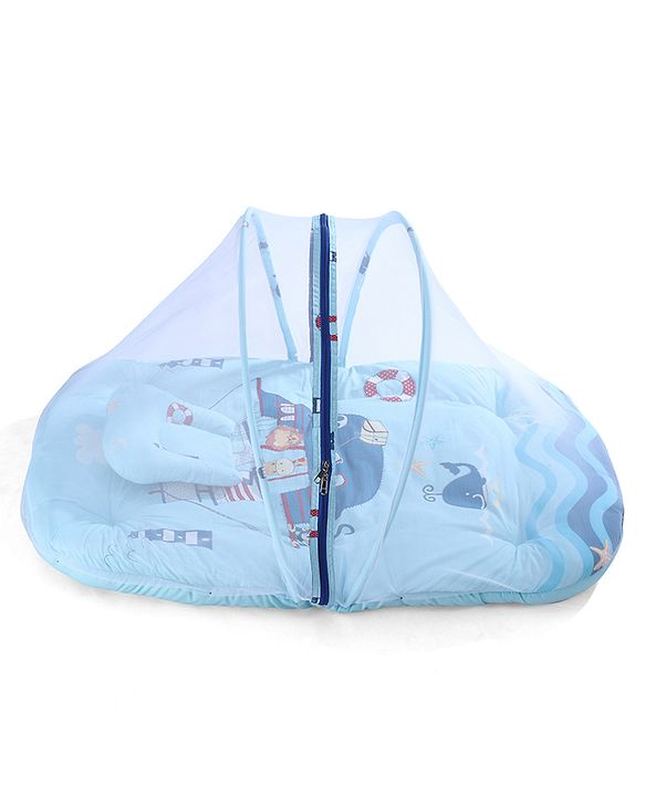 Babyhug 100% Cotton Digital Print Mattress Set with Mosquito Net Sailor Friends -Blue|U Shaped Pillow|Zipper Opening|Foldable & Travel Friendly|Newborn Gifting Option|Use on Floor Cribs Cots or Cradle