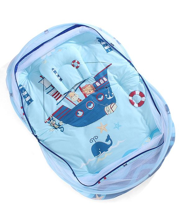 Babyhug 100% Cotton Digital Print Mattress Set with Mosquito Net Sailor Friends -Blue|U Shaped Pillow|Zipper Opening|Foldable & Travel Friendly|Newborn Gifting Option|Use on Floor Cribs Cots or Cradle
