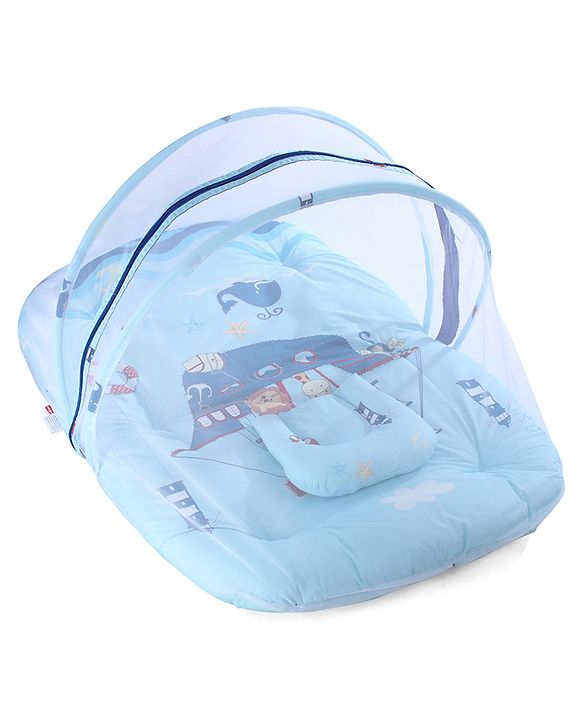 Babyhug 100% Cotton Digital Print Mattress Set with Mosquito Net Sailor Friends -Blue|U Shaped Pillow|Zipper Opening|Foldable & Travel Friendly|Newborn Gifting Option|Use on Floor Cribs Cots or Cradle