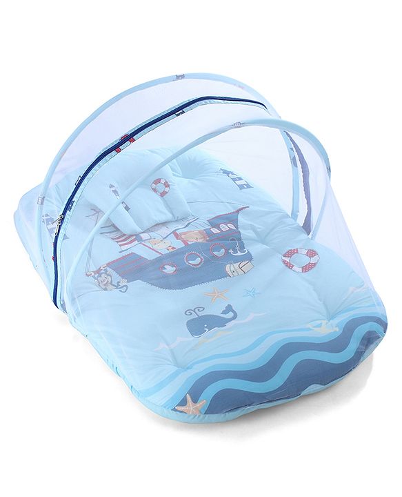 Babyhug 100% Cotton Digital Print Mattress Set with Mosquito Net Sailor Friends -Blue|U Shaped Pillow|Zipper Opening|Foldable & Travel Friendly|Newborn Gifting Option|Use on Floor Cribs Cots or Cradle