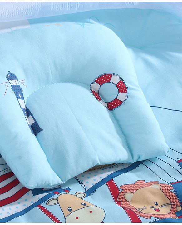 Babyhug 100% Cotton Digital Print Mattress Set with Mosquito Net Sailor Friends -Blue|U Shaped Pillow|Zipper Opening|Foldable & Travel Friendly|Newborn Gifting Option|Use on Floor Cribs Cots or Cradle