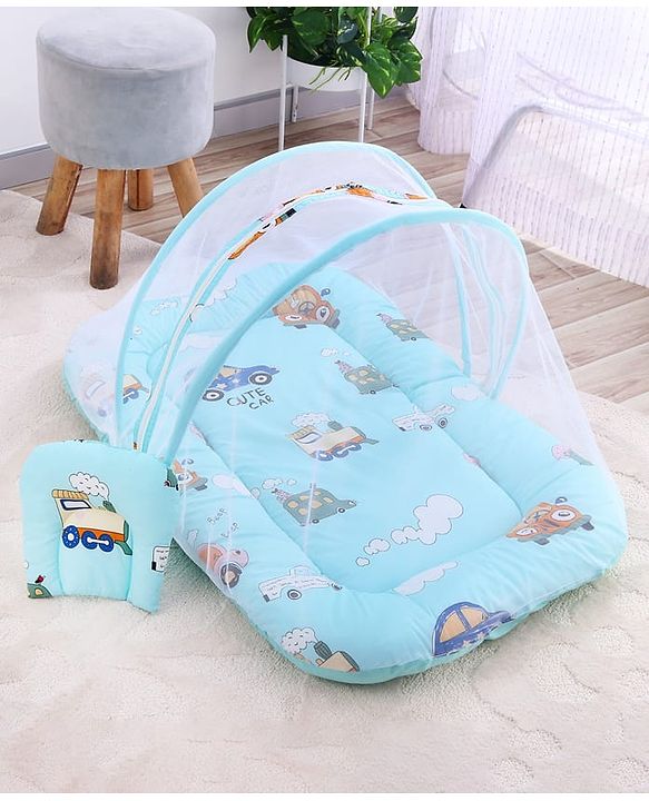 Babyhug 100% Cotton Digital Print Mattress Set with Mosquito Net Sailor Friends -Blue|U Shaped Pillow|Zipper Opening|Foldable & Travel Friendly|Newborn Gifting Option|Use on Floor Cribs Cots or Cradle