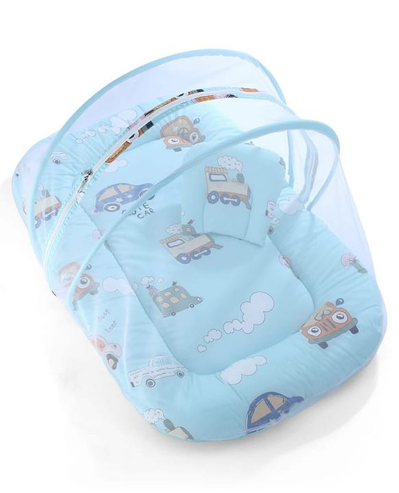 Babyhug 100% Cotton Digital Print Mattress Set with Mosquito Net Sailor Friends -Blue|U Shaped Pillow|Zipper Opening|Foldable & Travel Friendly|Newborn Gifting Option|Use on Floor Cribs Cots or Cradle