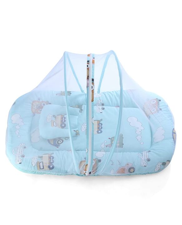 Babyhug 100% Cotton Digital Print Mattress Set with Mosquito Net Sailor Friends -Blue|U Shaped Pillow|Zipper Opening|Foldable & Travel Friendly|Newborn Gifting Option|Use on Floor Cribs Cots or Cradle