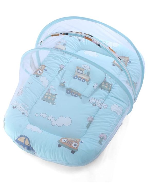 Babyhug 100% Cotton Digital Print Mattress Set with Mosquito Net Sailor Friends -Blue|U Shaped Pillow|Zipper Opening|Foldable & Travel Friendly|Newborn Gifting Option|Use on Floor Cribs Cots or Cradle