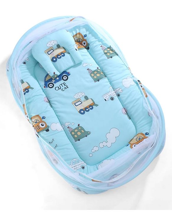 Babyhug 100% Cotton Digital Print Mattress Set with Mosquito Net Sailor Friends -Blue|U Shaped Pillow|Zipper Opening|Foldable & Travel Friendly|Newborn Gifting Option|Use on Floor Cribs Cots or Cradle