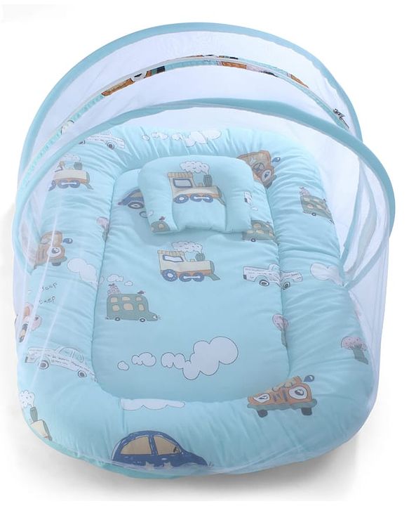 Babyhug 100% Cotton Digital Print Mattress Set with Mosquito Net Sailor Friends -Blue|U Shaped Pillow|Zipper Opening|Foldable & Travel Friendly|Newborn Gifting Option|Use on Floor Cribs Cots or Cradle