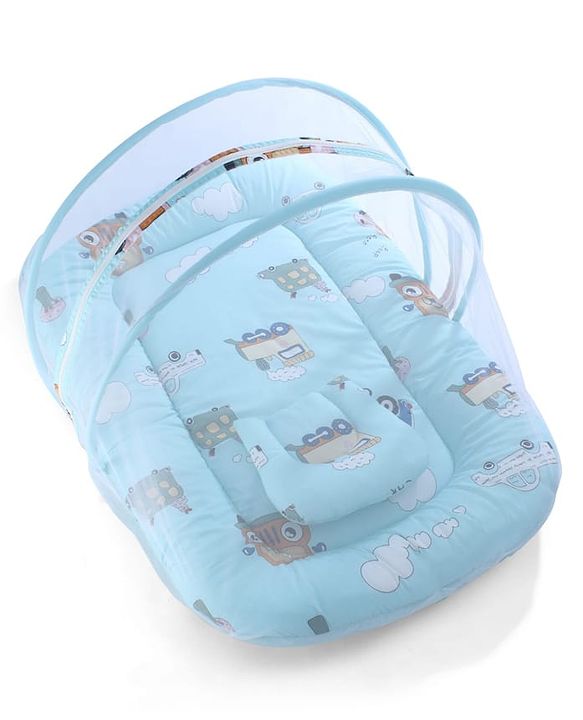 Babyhug 100% Cotton Digital Print Mattress Set with Mosquito Net Sailor Friends -Blue|U Shaped Pillow|Zipper Opening|Foldable & Travel Friendly|Newborn Gifting Option|Use on Floor Cribs Cots or Cradle