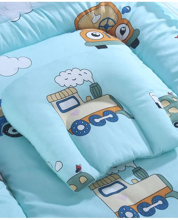 Babyhug 100% Cotton Digital Print Mattress Set with Mosquito Net Sailor Friends -Blue|U Shaped Pillow|Zipper Opening|Foldable & Travel Friendly|Newborn Gifting Option|Use on Floor Cribs Cots or Cradle