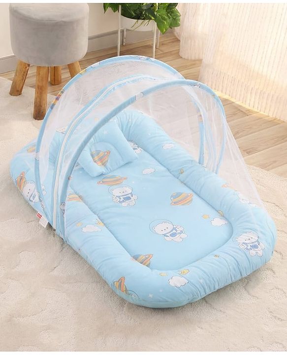 Babyhug 100% Cotton Digital Print Mattress Set with Mosquito Net Sailor Friends -Blue|U Shaped Pillow|Zipper Opening|Foldable & Travel Friendly|Newborn Gifting Option|Use on Floor Cribs Cots or Cradle