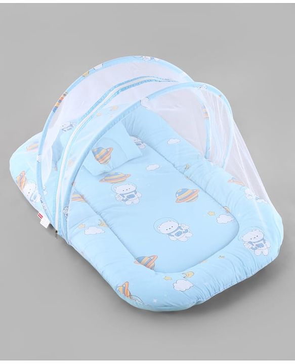 Babyhug 100% Cotton Digital Print Mattress Set with Mosquito Net Sailor Friends -Blue|U Shaped Pillow|Zipper Opening|Foldable & Travel Friendly|Newborn Gifting Option|Use on Floor Cribs Cots or Cradle
