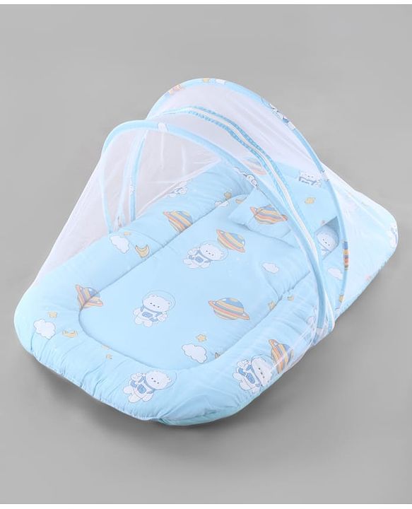 Babyhug 100% Cotton Digital Print Mattress Set with Mosquito Net Sailor Friends -Blue|U Shaped Pillow|Zipper Opening|Foldable & Travel Friendly|Newborn Gifting Option|Use on Floor Cribs Cots or Cradle