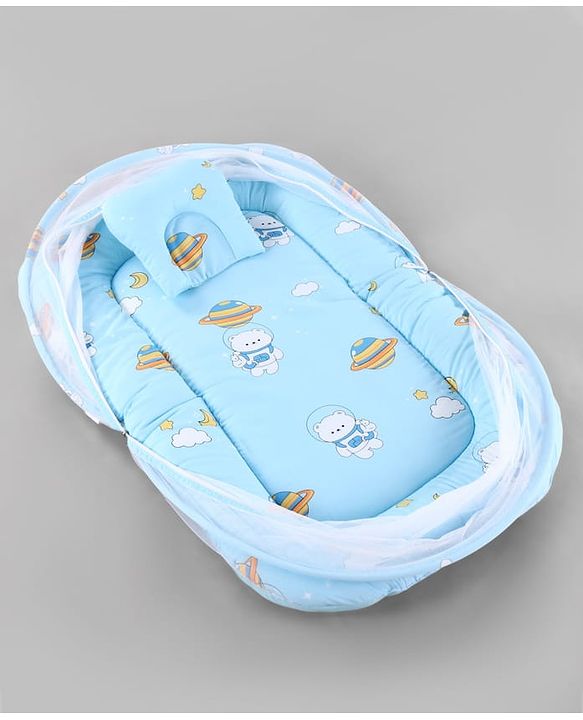 Babyhug 100% Cotton Digital Print Mattress Set with Mosquito Net Sailor Friends -Blue|U Shaped Pillow|Zipper Opening|Foldable & Travel Friendly|Newborn Gifting Option|Use on Floor Cribs Cots or Cradle