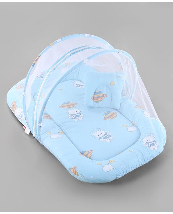 Babyhug 100% Cotton Digital Print Mattress Set with Mosquito Net Sailor Friends -Blue|U Shaped Pillow|Zipper Opening|Foldable & Travel Friendly|Newborn Gifting Option|Use on Floor Cribs Cots or Cradle
