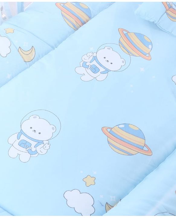 Babyhug 100% Cotton Digital Print Mattress Set with Mosquito Net Sailor Friends -Blue|U Shaped Pillow|Zipper Opening|Foldable & Travel Friendly|Newborn Gifting Option|Use on Floor Cribs Cots or Cradle