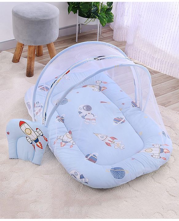 Babyhug 100% Cotton Digital Print Mattress Set with Mosquito Net Sailor Friends -Blue|U Shaped Pillow|Zipper Opening|Foldable & Travel Friendly|Newborn Gifting Option|Use on Floor Cribs Cots or Cradle