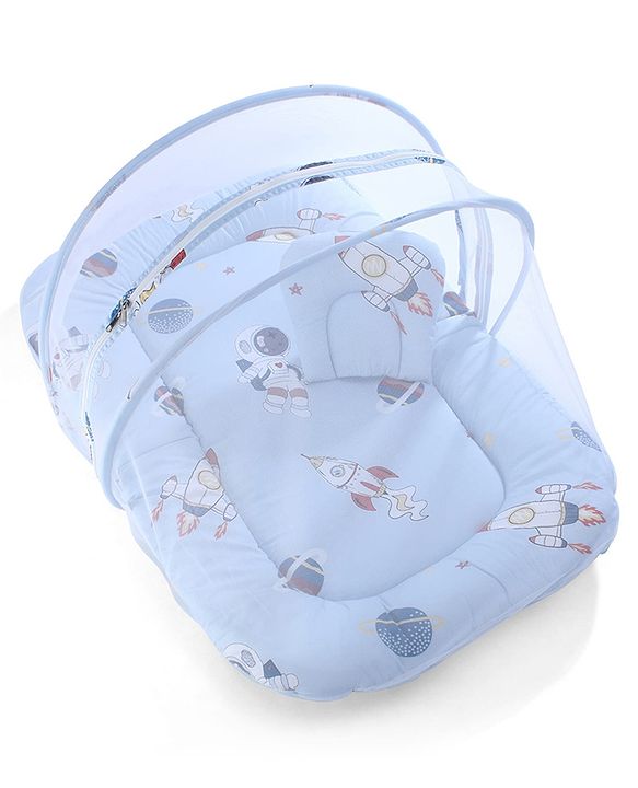 Babyhug 100% Cotton Digital Print Mattress Set with Mosquito Net Sailor Friends -Blue|U Shaped Pillow|Zipper Opening|Foldable & Travel Friendly|Newborn Gifting Option|Use on Floor Cribs Cots or Cradle