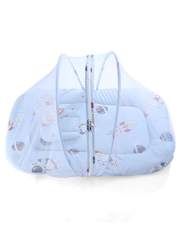 Babyhug 100% Cotton Digital Print Mattress Set with Mosquito Net Sailor Friends -Blue|U Shaped Pillow|Zipper Opening|Foldable & Travel Friendly|Newborn Gifting Option|Use on Floor Cribs Cots or Cradle