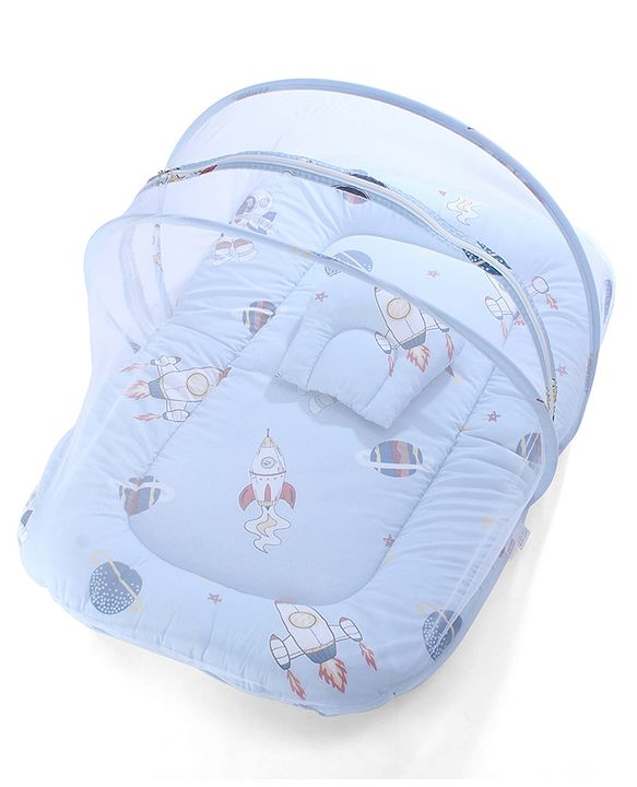 Babyhug 100% Cotton Digital Print Mattress Set with Mosquito Net Sailor Friends -Blue|U Shaped Pillow|Zipper Opening|Foldable & Travel Friendly|Newborn Gifting Option|Use on Floor Cribs Cots or Cradle