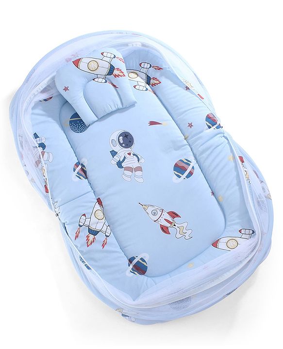 Babyhug 100% Cotton Digital Print Mattress Set with Mosquito Net Sailor Friends -Blue|U Shaped Pillow|Zipper Opening|Foldable & Travel Friendly|Newborn Gifting Option|Use on Floor Cribs Cots or Cradle