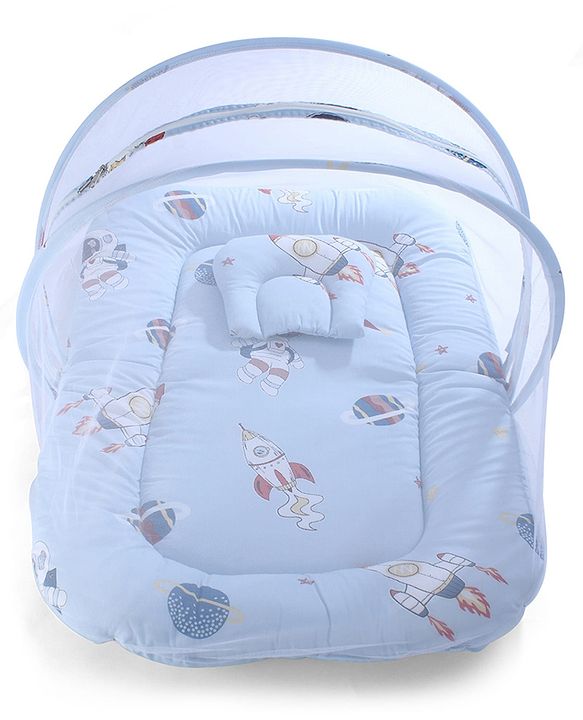 Babyhug 100% Cotton Digital Print Mattress Set with Mosquito Net Sailor Friends -Blue|U Shaped Pillow|Zipper Opening|Foldable & Travel Friendly|Newborn Gifting Option|Use on Floor Cribs Cots or Cradle
