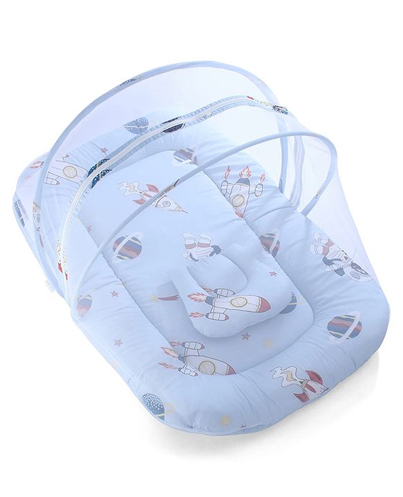 Babyhug 100% Cotton Digital Print Mattress Set with Mosquito Net Sailor Friends -Blue|U Shaped Pillow|Zipper Opening|Foldable & Travel Friendly|Newborn Gifting Option|Use on Floor Cribs Cots or Cradle