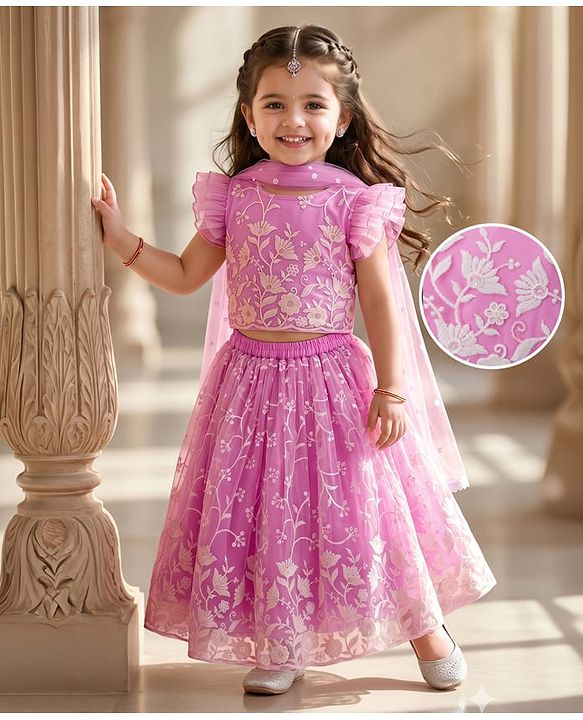 Babyhug Net Woven Frill Sleeves Floral Embroidred Choli Lahenga Set with Dupatta - Pink