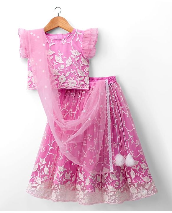 Babyhug Net Woven Frill Sleeves Floral Embroidred Choli Lahenga Set with Dupatta - Pink