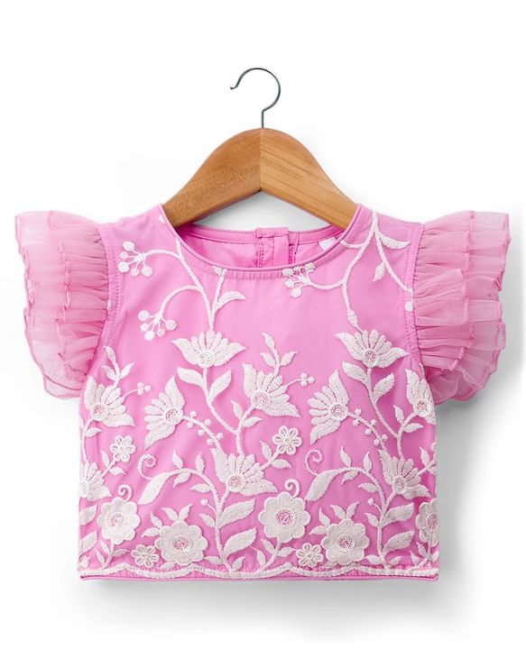 Babyhug Net Woven Frill Sleeves Floral Embroidred Choli Lahenga Set with Dupatta - Pink