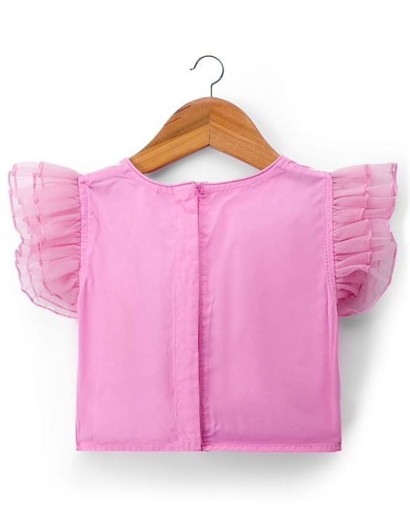 Babyhug Net Woven Frill Sleeves Floral Embroidred Choli Lahenga Set with Dupatta - Pink
