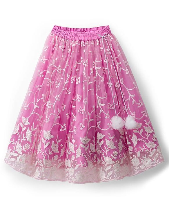 Babyhug Net Woven Frill Sleeves Floral Embroidred Choli Lahenga Set with Dupatta - Pink