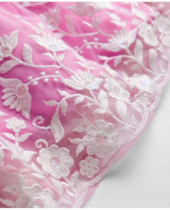 Babyhug Net Woven Frill Sleeves Floral Embroidred Choli Lahenga Set with Dupatta - Pink