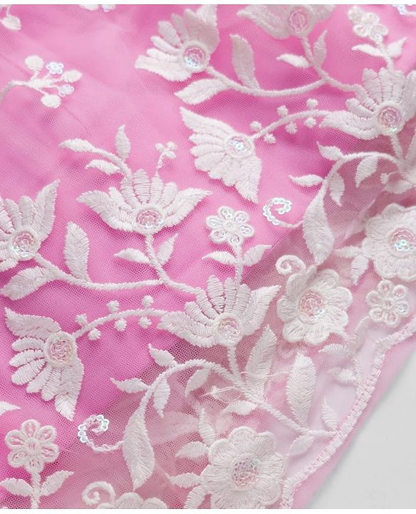 Babyhug Net Woven Frill Sleeves Floral Embroidred Choli Lahenga Set with Dupatta - Pink