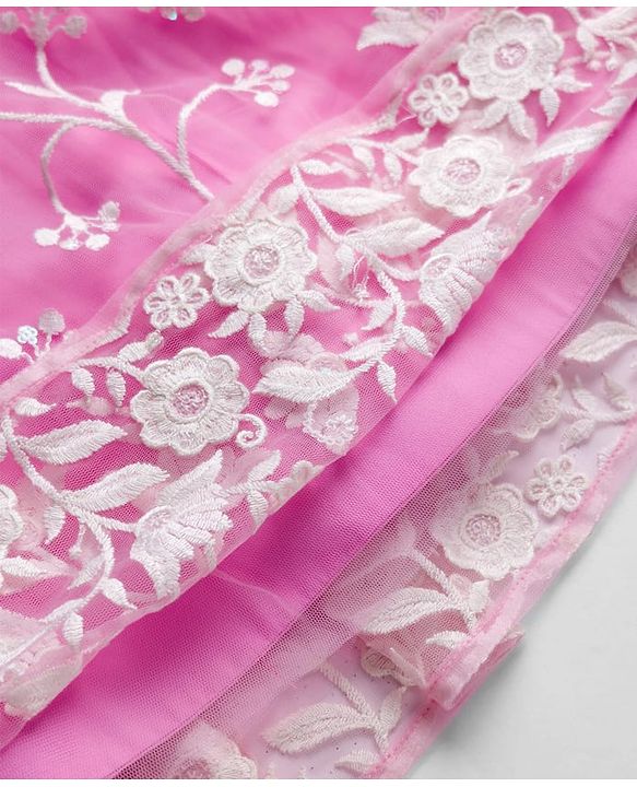 Babyhug Net Woven Frill Sleeves Floral Embroidred Choli Lahenga Set with Dupatta - Pink