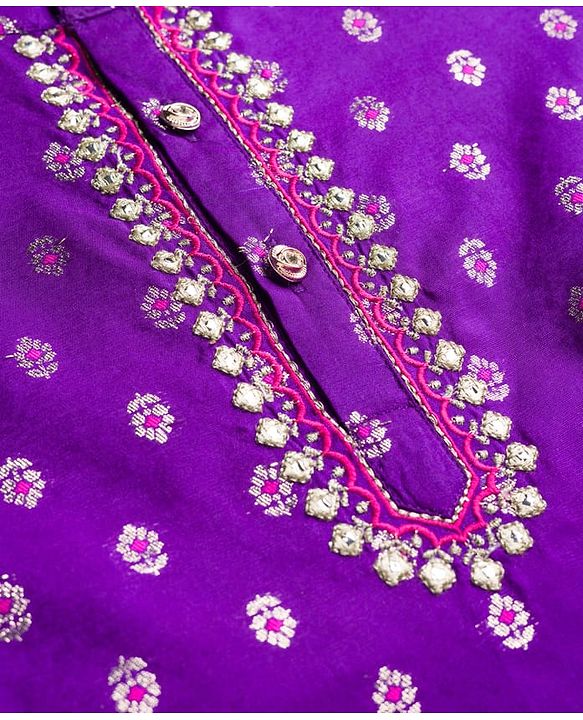 Babyhug Brocade Woven Full Sleeves Kurta Dhoti Set With Floral Foil Print - Purple