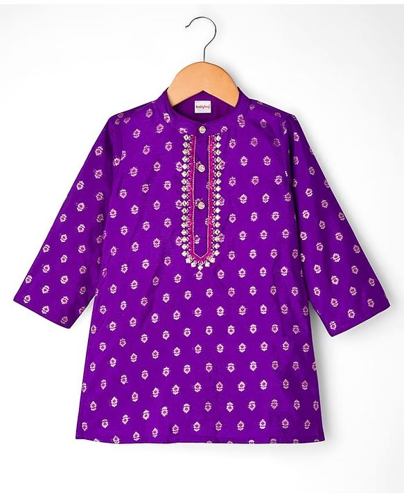 Babyhug Brocade Woven Full Sleeves Kurta Dhoti Set With Floral Foil Print - Purple