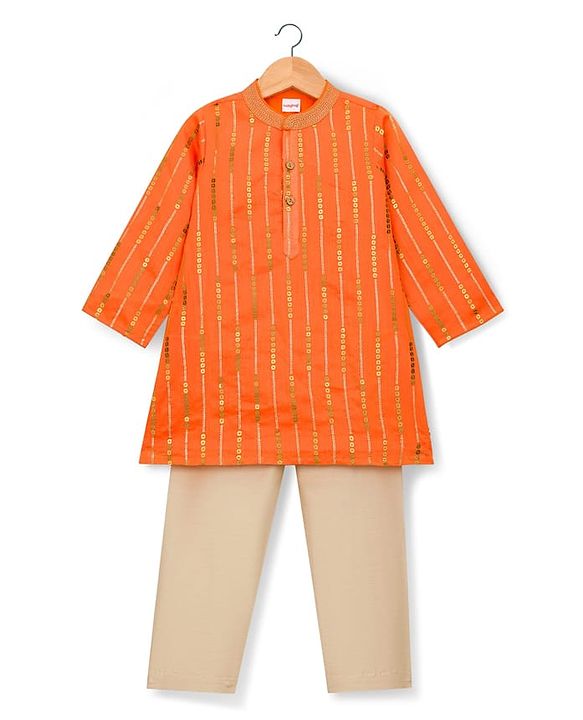 Babyhug  Woven Full Sleeves Sequin Embroidered Kurta Pyjama Set - Orange