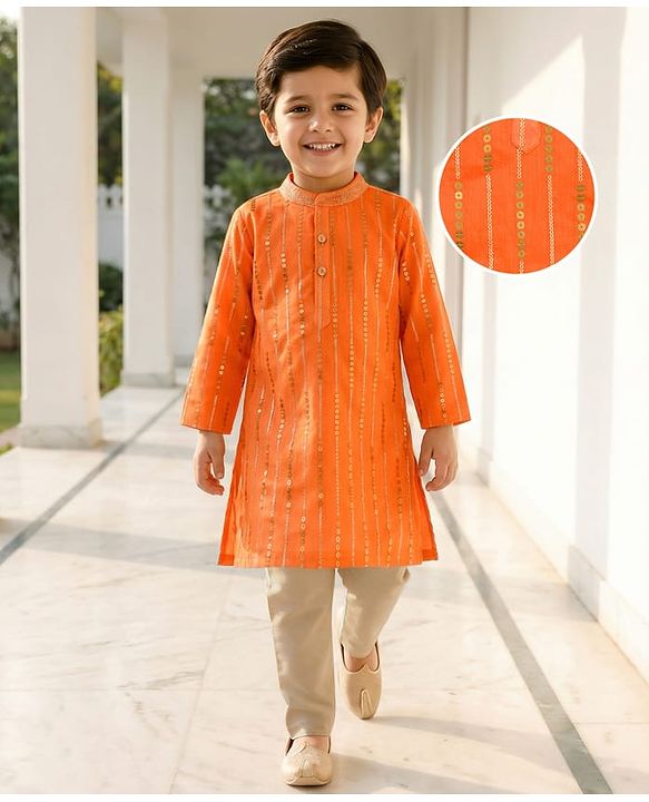 Babyhug  Woven Full Sleeves Sequin Embroidered Kurta Pyjama Set - Orange